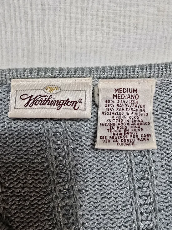 Worthington Sage Green V-Neck Cable Knit Sweater with Button Detail. 60% Silk - Picture 8 of 11